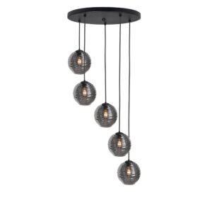Laagste prijs - Highlight 5-lichts hanglampFantasy zwart met ribbel glas - O1039.01 + 5x G2041.19